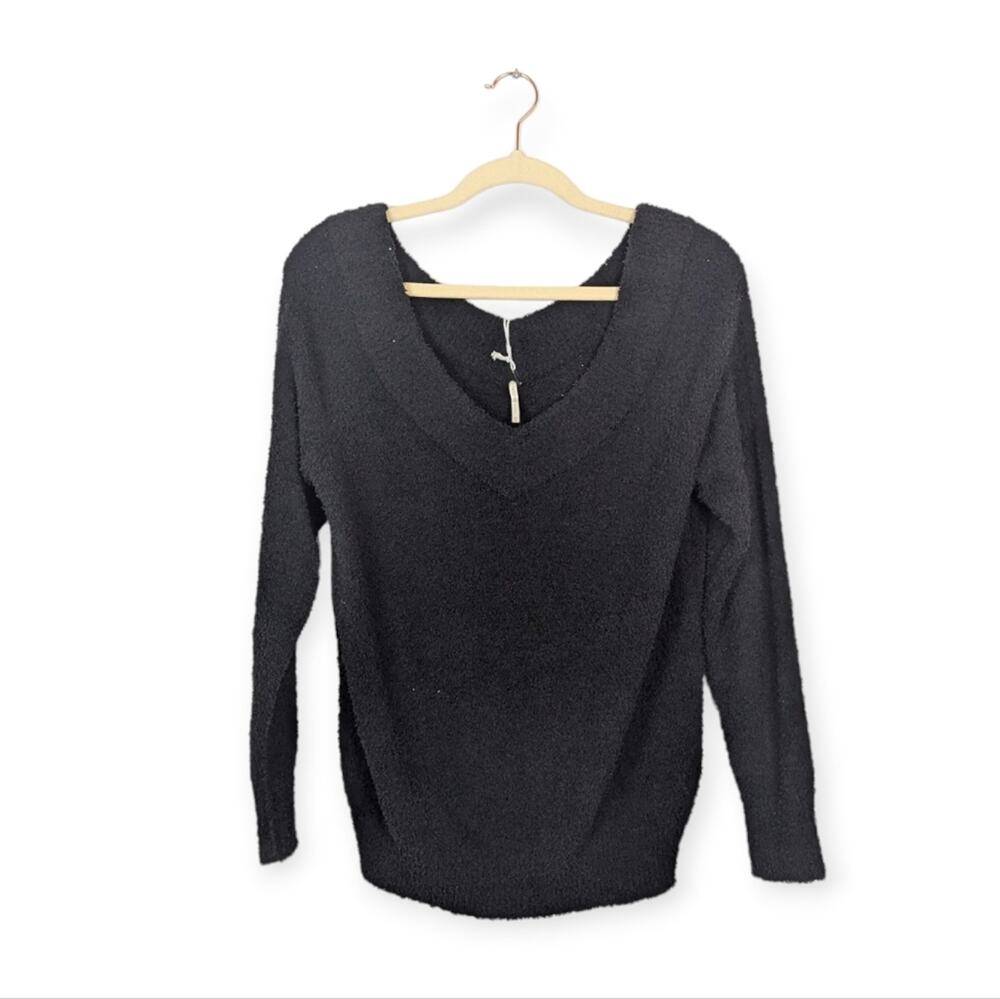 NWT Hello Nite Black Double V Neck Fuzzy Plush Sweater